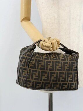 FENDI Zucca Canvas Vanity Hand Bag Black Brown gold Auth fm5114